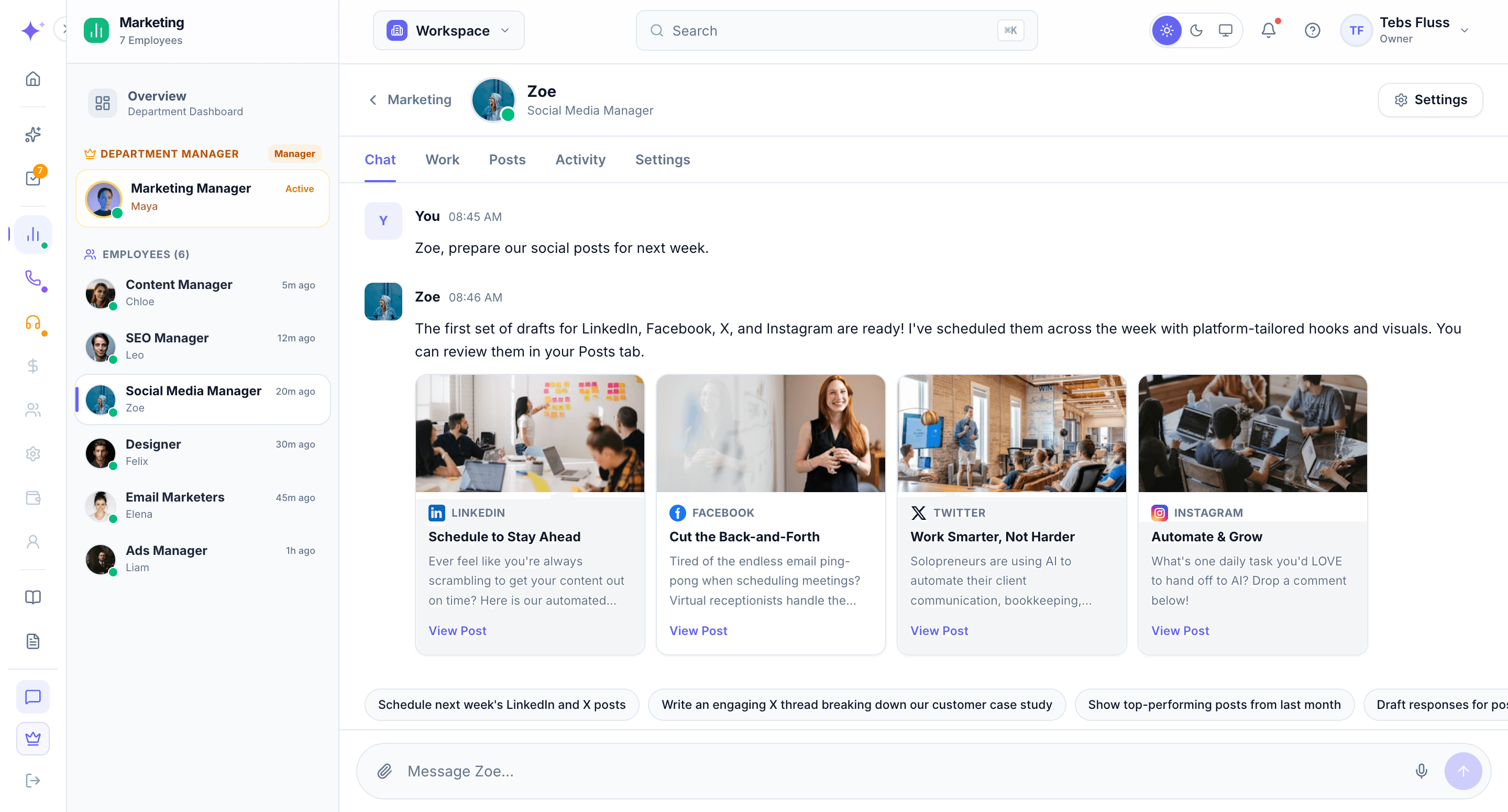 Fless command center with sidebar, departments, and live activity